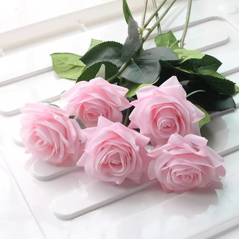 7pcs Pink Rose Artificial Flowers Real Touch Silk Flowers For Home Wedding Table Bouquet Party Decoration