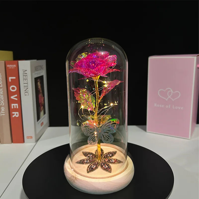 Rosa Galaxy de Cristal en Cúpula de Vidrio con LED — Regalo Cumpleaños, Mamá, Abuela y Esposa