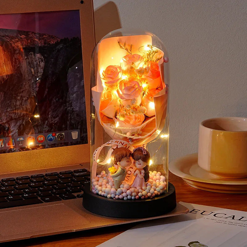 Wedding Birthday Valentine Day Gift Eternal Rose Flower Colorful Luminous Ornament for Women Mom Girlfriend Wife Home Decoration