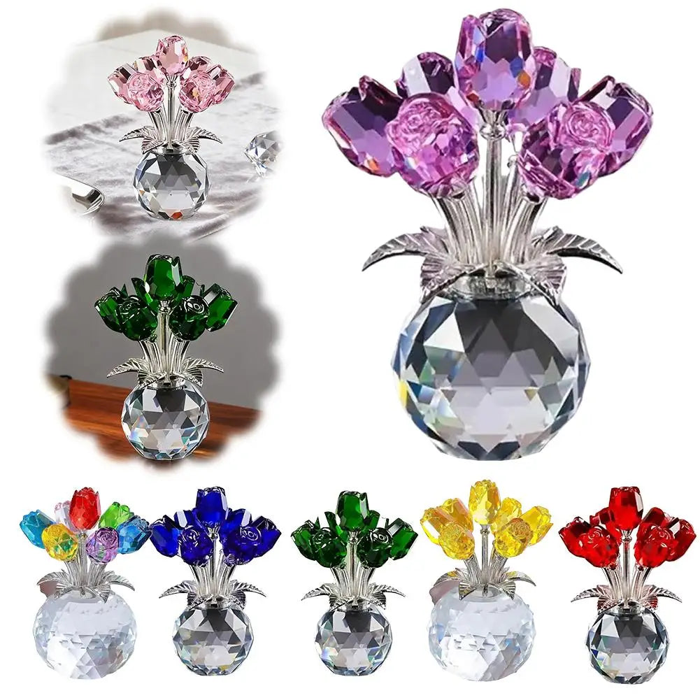 Crystal Gemstone Rose Flower Colourful Rose Bouquet Eternal Ornament Gift Figurine Red Decorative Rose Rose