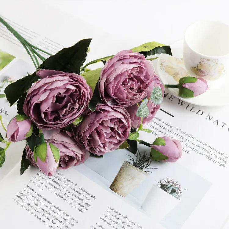 Ramo de Peonía y Rosa de Seda — 12 Colores, Hogar, Boda y Decoración Festiva