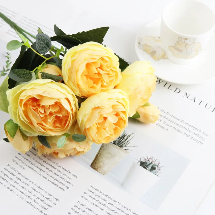 Ramo de Peonía y Rosa de Seda — 12 Colores, Hogar, Boda y Decoración Festiva