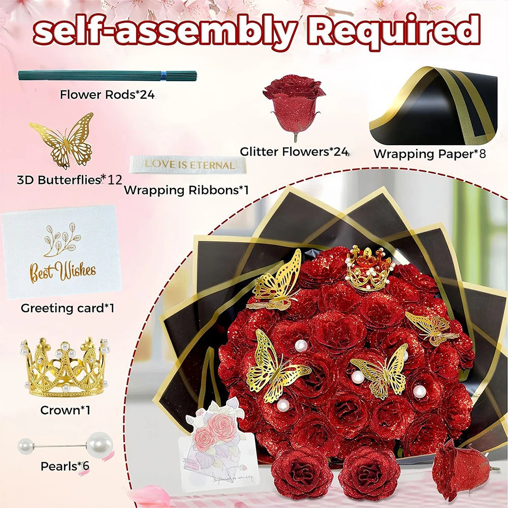 Ramo de Rosas Brillantes con Purpurina — Set 12 o 24 Rosas, San Valentín y Aniversario