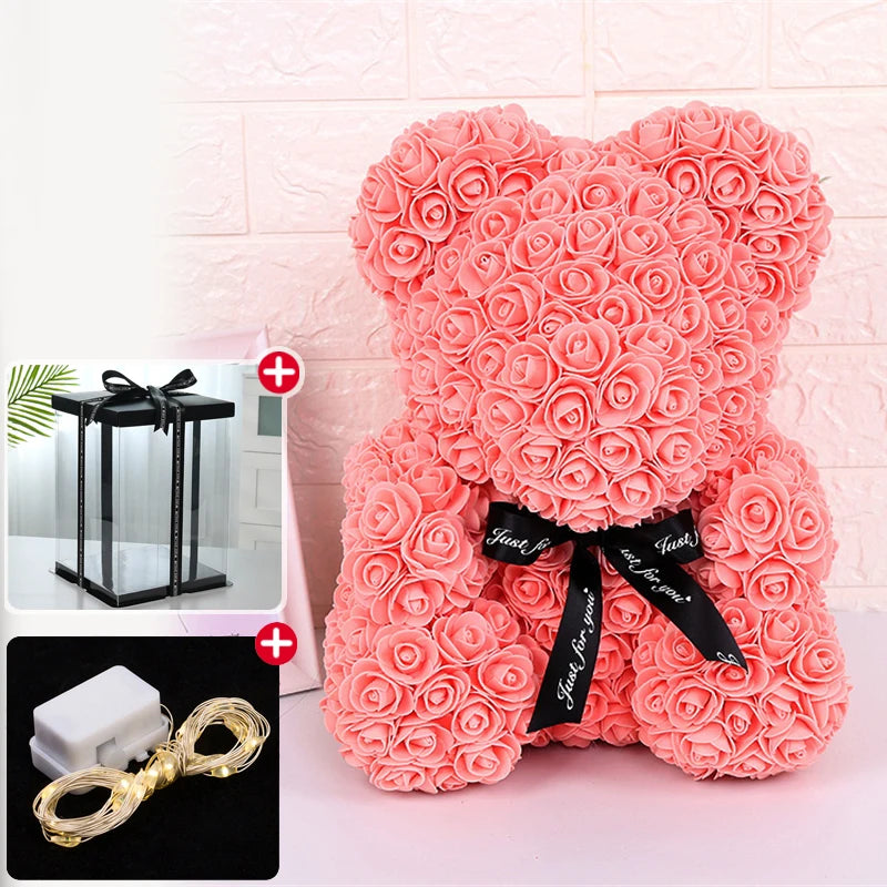 Oso de Rosas con Caja y Luz LED — Regalo Romántico, 7 Colores, San Valentín