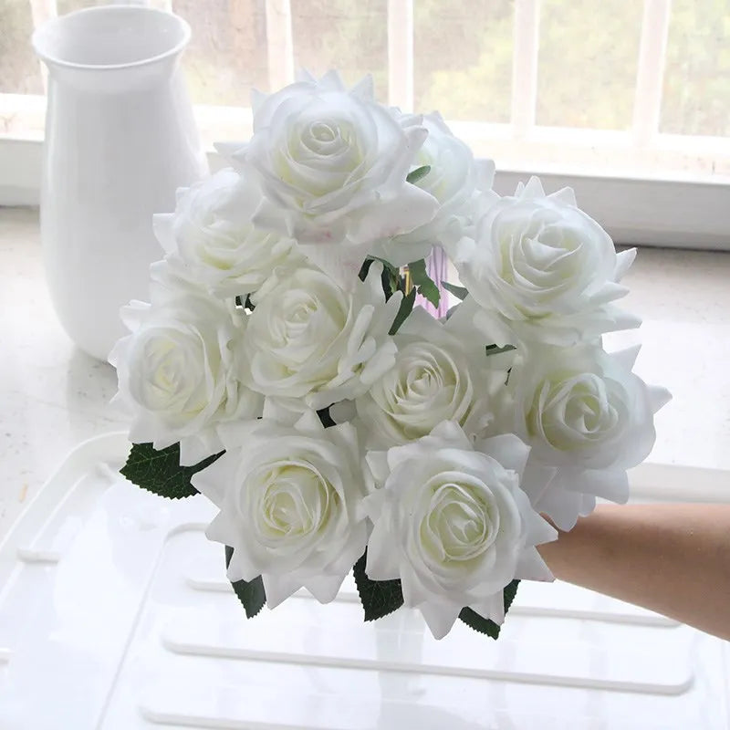 7pcs Pink Rose Artificial Flowers Real Touch Silk Flowers For Home Wedding Table Bouquet Party Decoration
