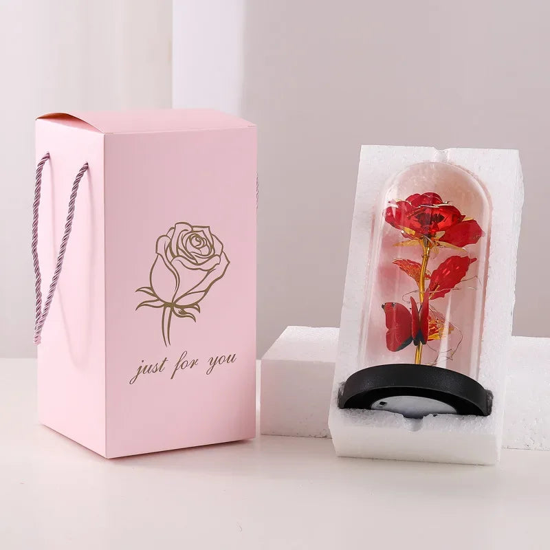 New Home Decor Glass Cover Rose Eternal Flower with Lamp Creative Decoration Ornament Bedroom Decoration