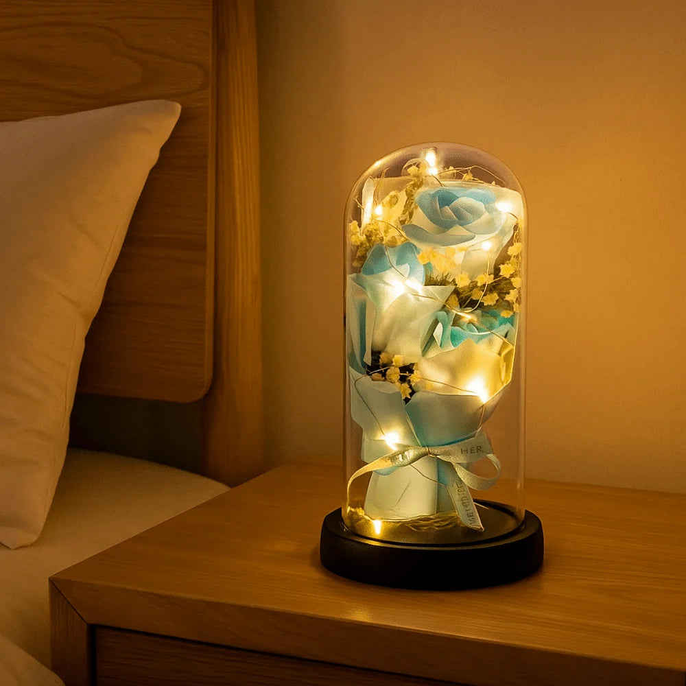 Romantic Eternal Rose Light Luminous Transparent Dome LED Eternal Flower Realistic Decorative Artificial Rose Light