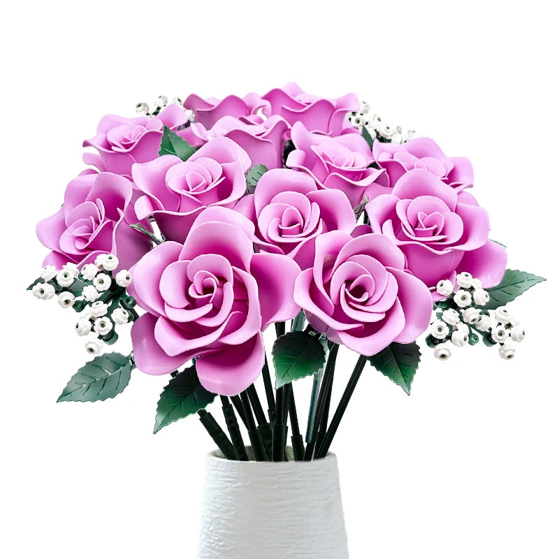 Ramo de Rosas en Bloques de Construcción — Set Romántico DIY, 12 Rosas, Decoración Hogar