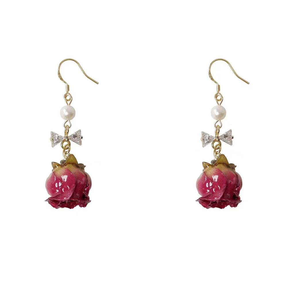 Eternal Flower Rose True Flower Dried Flower Earrings For Women With A Niche Design And Retro Zircon Handmade Earrings