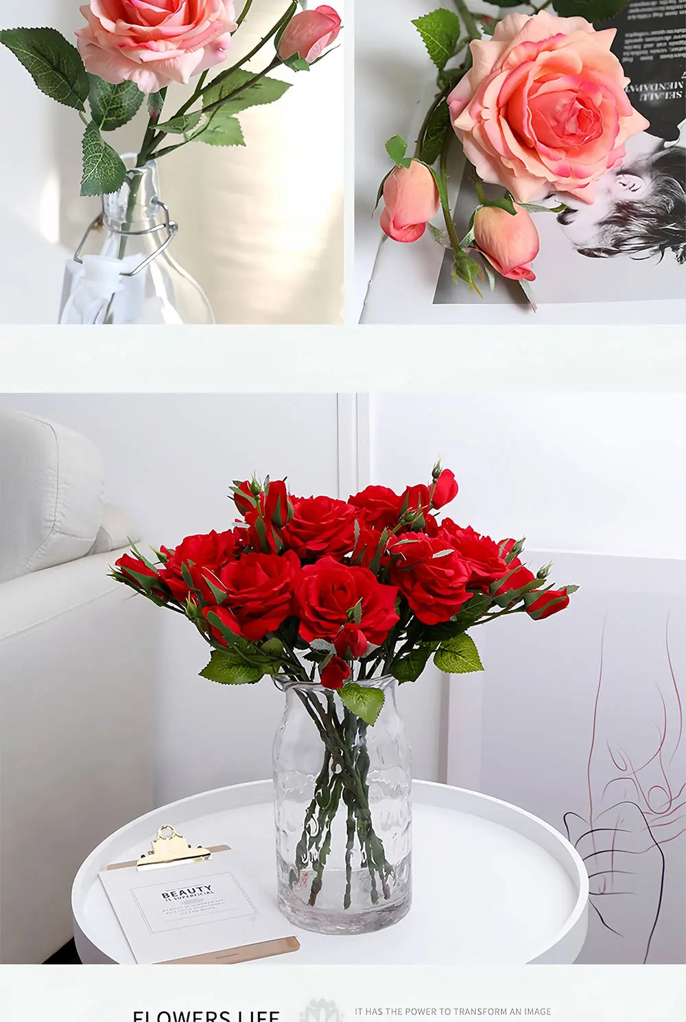 Real Touch Romantic Rose Artificial Flowers (1 Flower + 2 Buds) Moisturizing Texture for Home Decor Wedding Bridal Bouquet