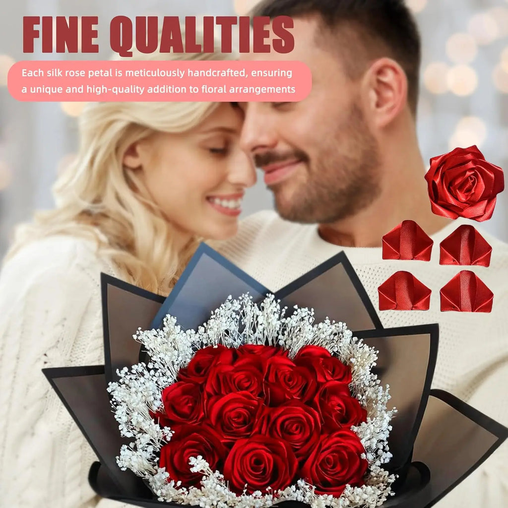 Yannew 300pcs Premade Handcrafted Silk Rose Petals for DIY Eternal Rose Flowers Bouquets with Stem Leaf Birthday Gifts for Women