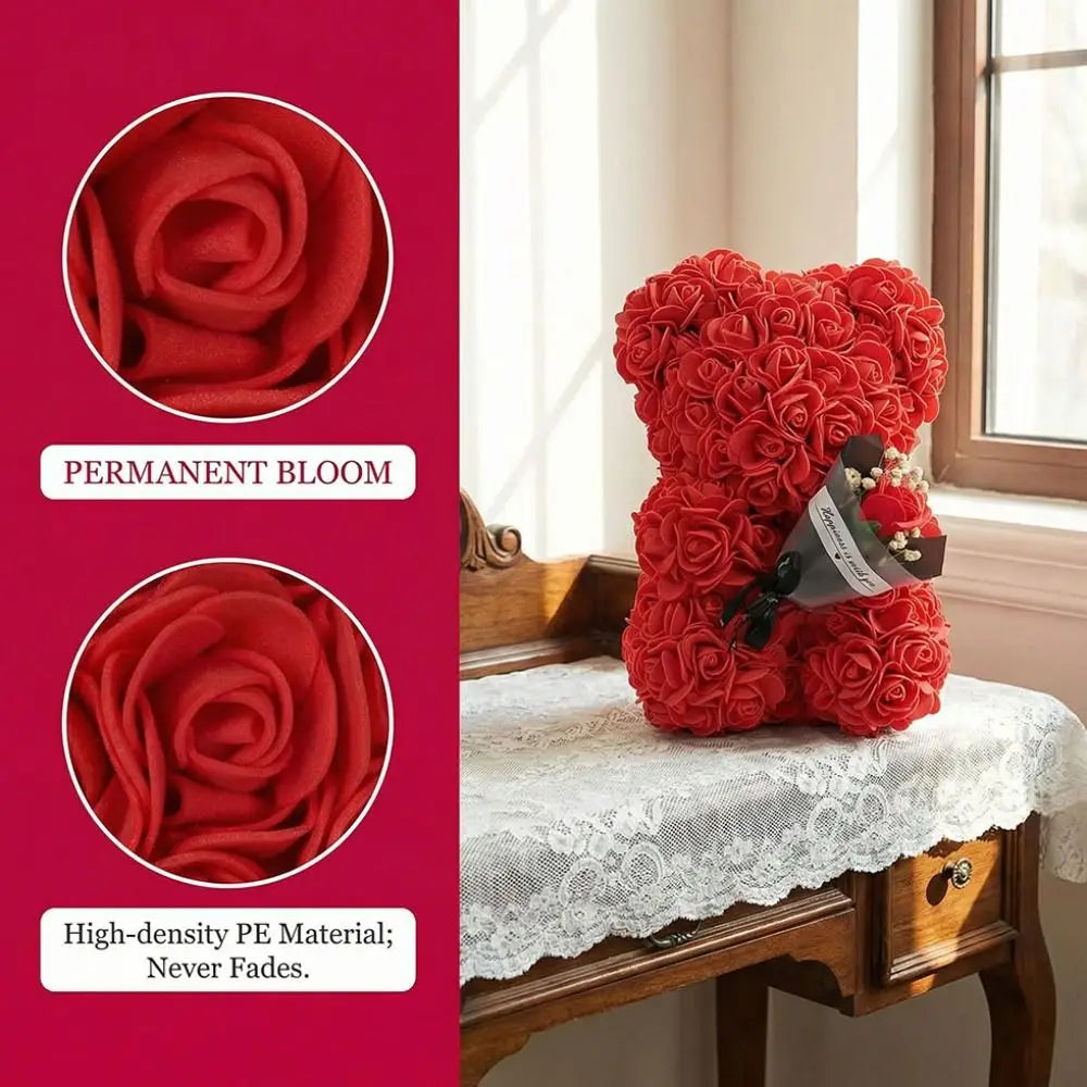 24cm Size Eternal Rose Bear Flower Bouquet Long Lasting Rose Bear Creative Design Artificial Rose Artificial Foam Flowers Bear