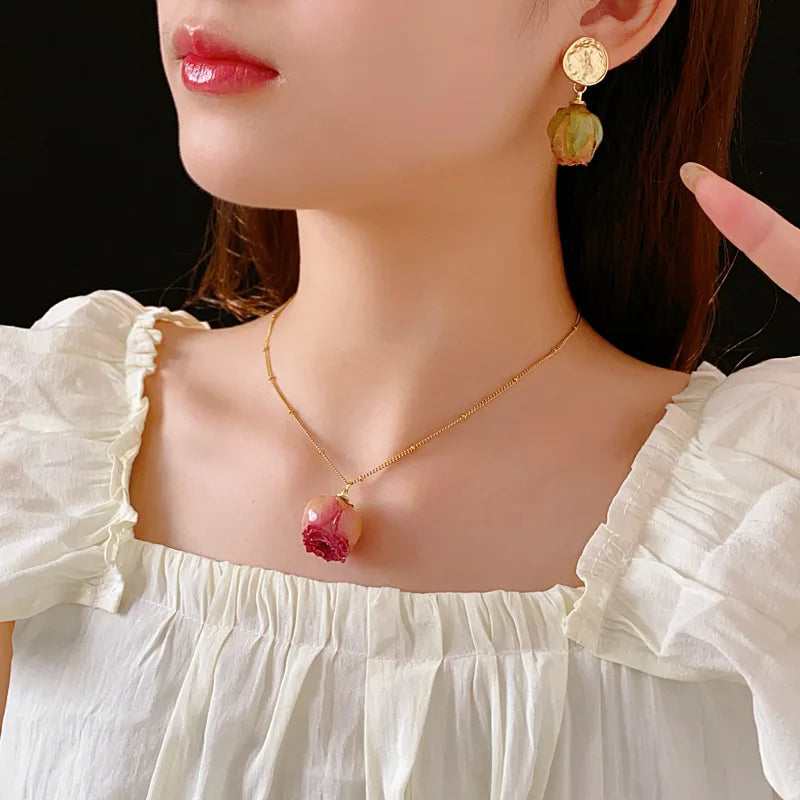 French Elegant Eternal Rose Flower Pendant Necklace Earrings Jewelry Set Women's Fashion Statement Party Ladies Girls Jewelry