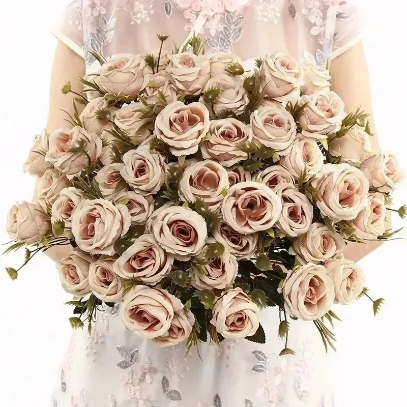 Retro Artificial Roses Bouquet Elegance Bridal Wedding Realistic Roses Flowers Floral Arrangement Ornaments Home Decoration