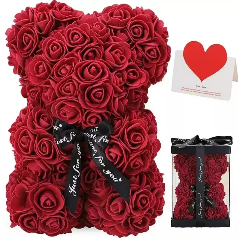 Eternal Rose Teddy Bear with Artificial Flower Birthday Anniversary Gift Decor Miniature Keepsake for Girlfriend Valentine Day