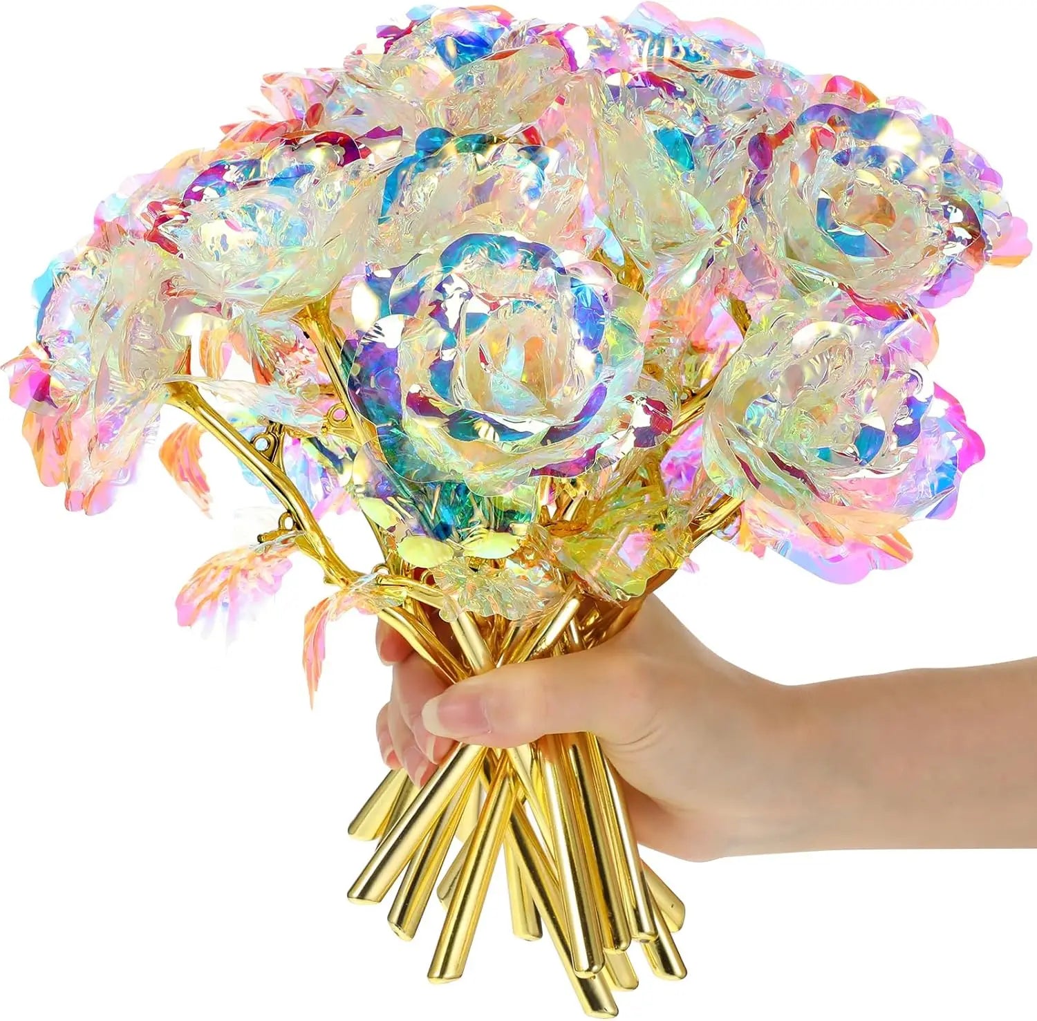 Rosas Doradas de Lámina de Oro — Ramo 8 Rosas Eternas, San Valentín y Día de las Madres
