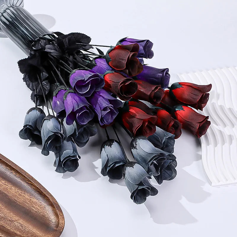 Ramo Gótico de Rosas de Seda — Rojo, Morado y Gris, Novia y Halloween