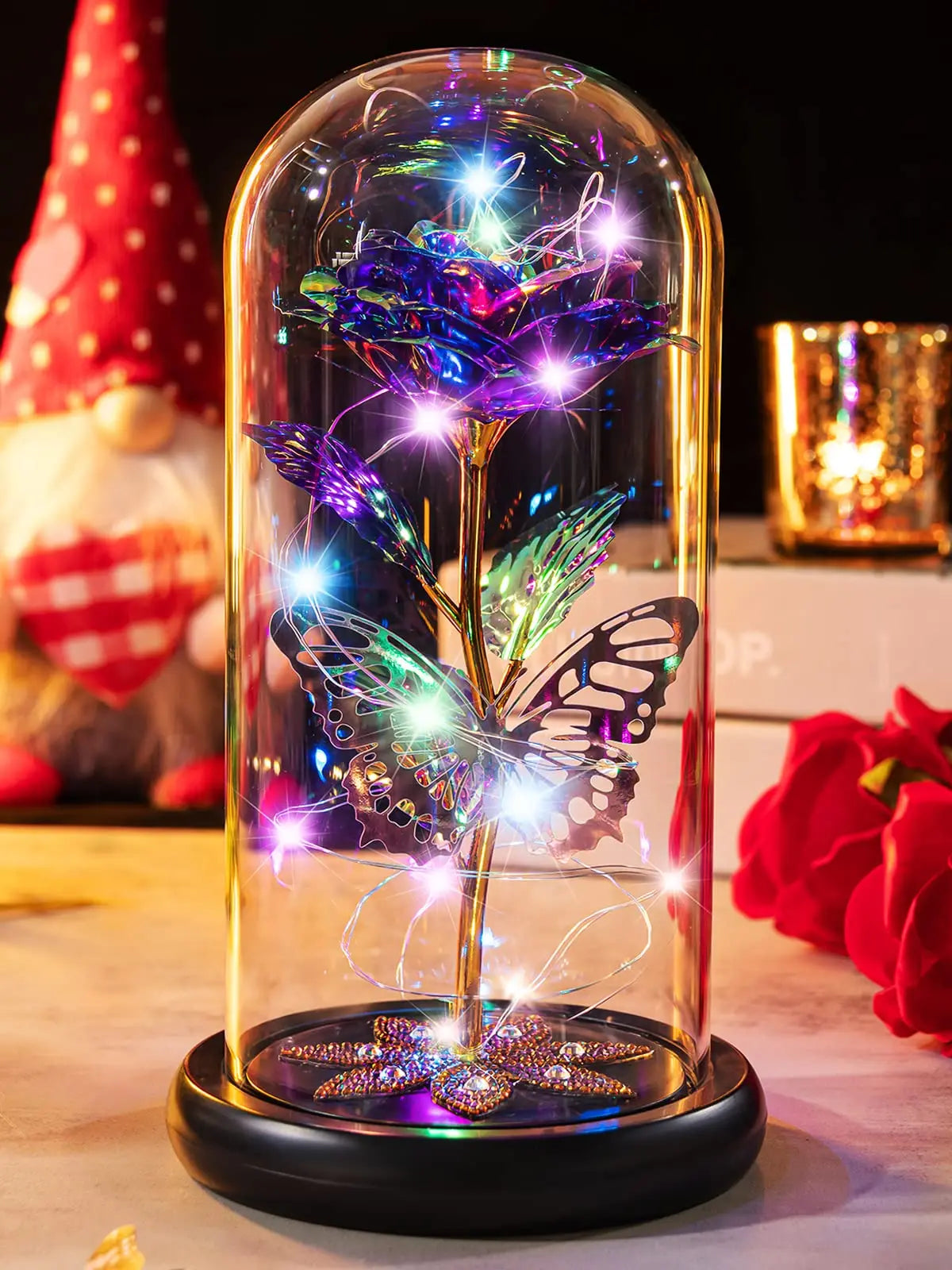 Rosa Galaxy de Cristal en Cúpula de Vidrio con LED — Regalo Cumpleaños, Mamá, Abuela y Esposa