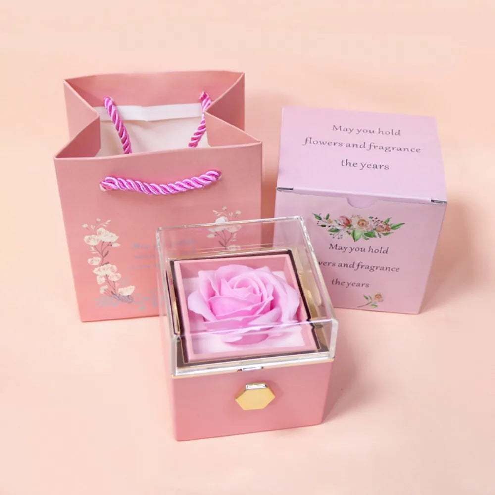 Eternal Rose Rotating Jewelry Box Soap Flower With Gift Bag Ring Box Transparent Lid Acrylic Storage Case Wedding Party