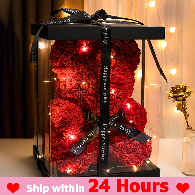 Oso de Rosas con Caja y Luz LED — Regalo Romántico, 7 Colores, San Valentín