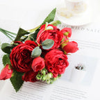 Ramo de Peonía y Rosa de Seda — 12 Colores, Hogar, Boda y Decoración Festiva