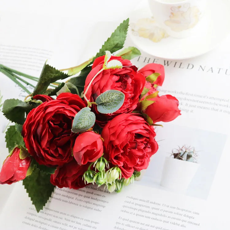 Ramo de Peonía y Rosa de Seda — 12 Colores, Hogar, Boda y Decoración Festiva